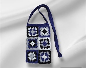 Purple Gray Black & White Long Granny Square Crossbody Bag for Market Books Tablets