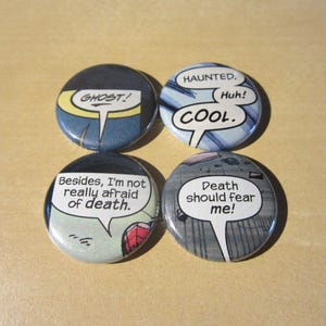 Pessimistic Phrase Sets: Multiple Options • Pinback or Magnet Buttons • Upcycled Comic Book Collection