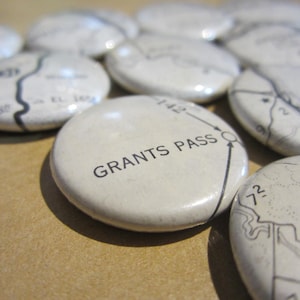 Oregon: Multiple Options • Pinback or Magnet Buttons • Upcycled Mini Map Collection