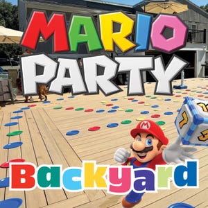 May include: A Mario Party Backyard game set featuring a large colorful logo with the text Mario Party and Backyard. The game includes a path of red, blue, green, and yellow circular markers on a wooden deck and a large white numbered game die.