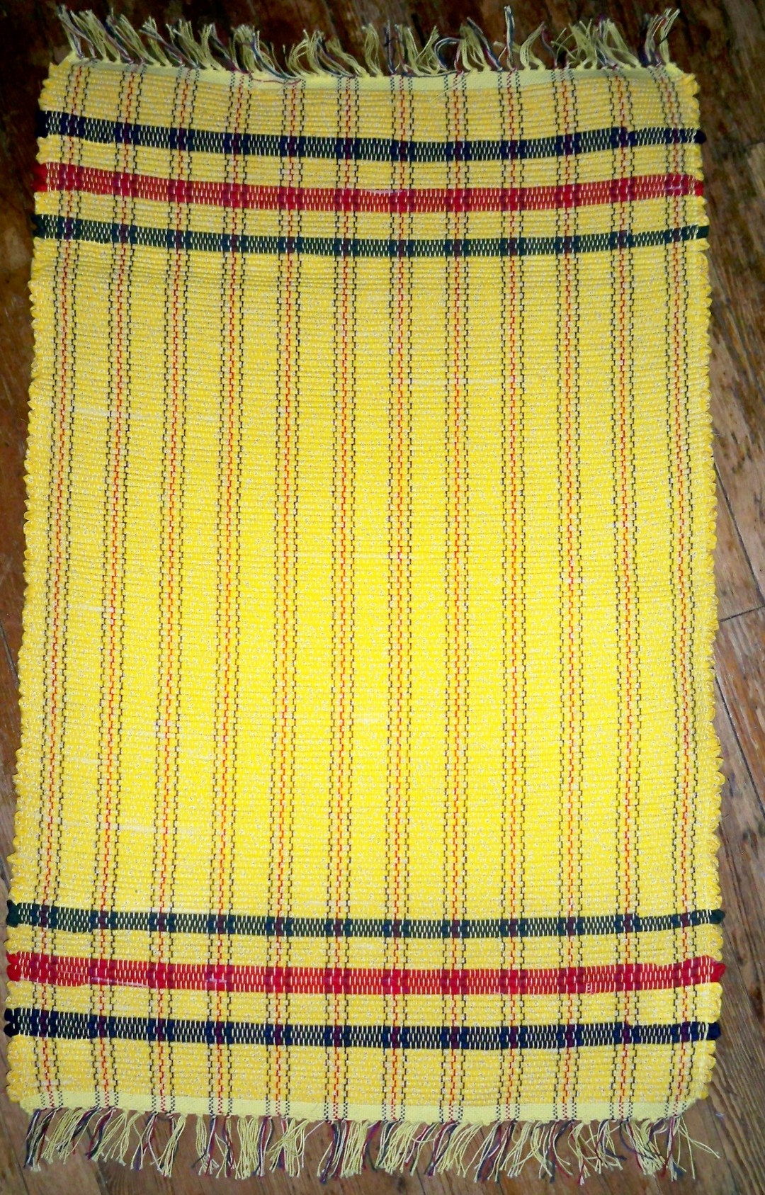 Handwoven Sunny Yellow Rag Rug W/ Navy, Red, Green Stripes - Inv. ID#04 ...