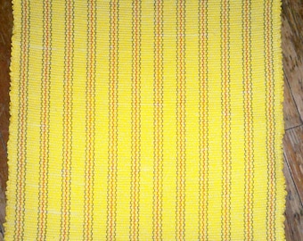 Handwoven Sunny Yellow Rag Rug w/ Navy, Red, Green Stripes - Inv. ID#04-0318