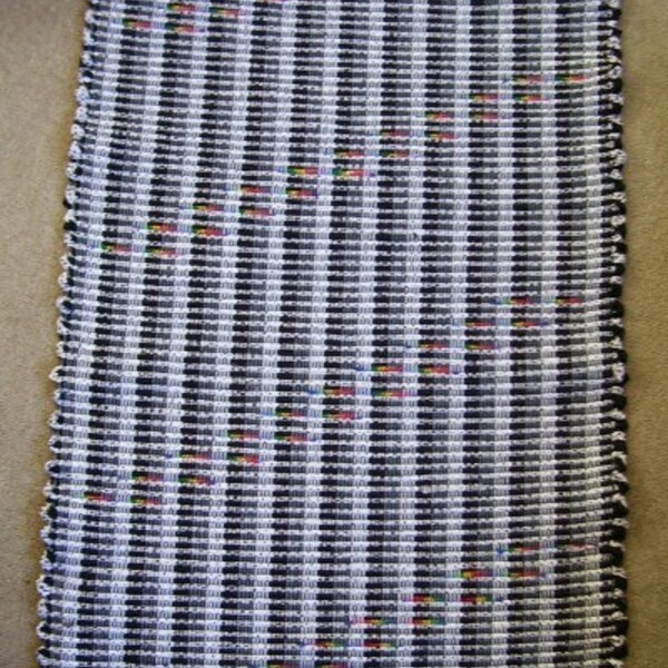 Rag Rug, Handwoven, ALTERNATIVES Pattern w/ Laid-in Design - Black, White, Rainbow (Inv.ID 5-0980)