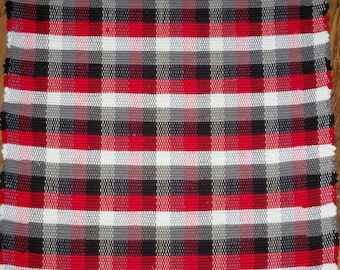 Handwoven Rag Rug - Red, Black, Grey, White Checks - Inv. ID#01-1012