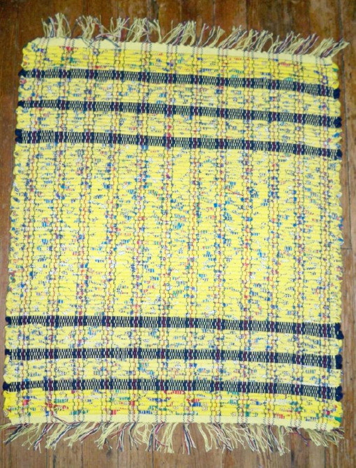 Handwoven Rag Rug Yellow Multi W/ Navy End Stripes Inv. ID 02-0381 - Etsy