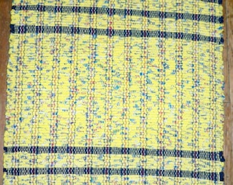 Handwoven Rag Rug - Yellow Multi w/ Navy End Stripes - Inv. ID #02-0381