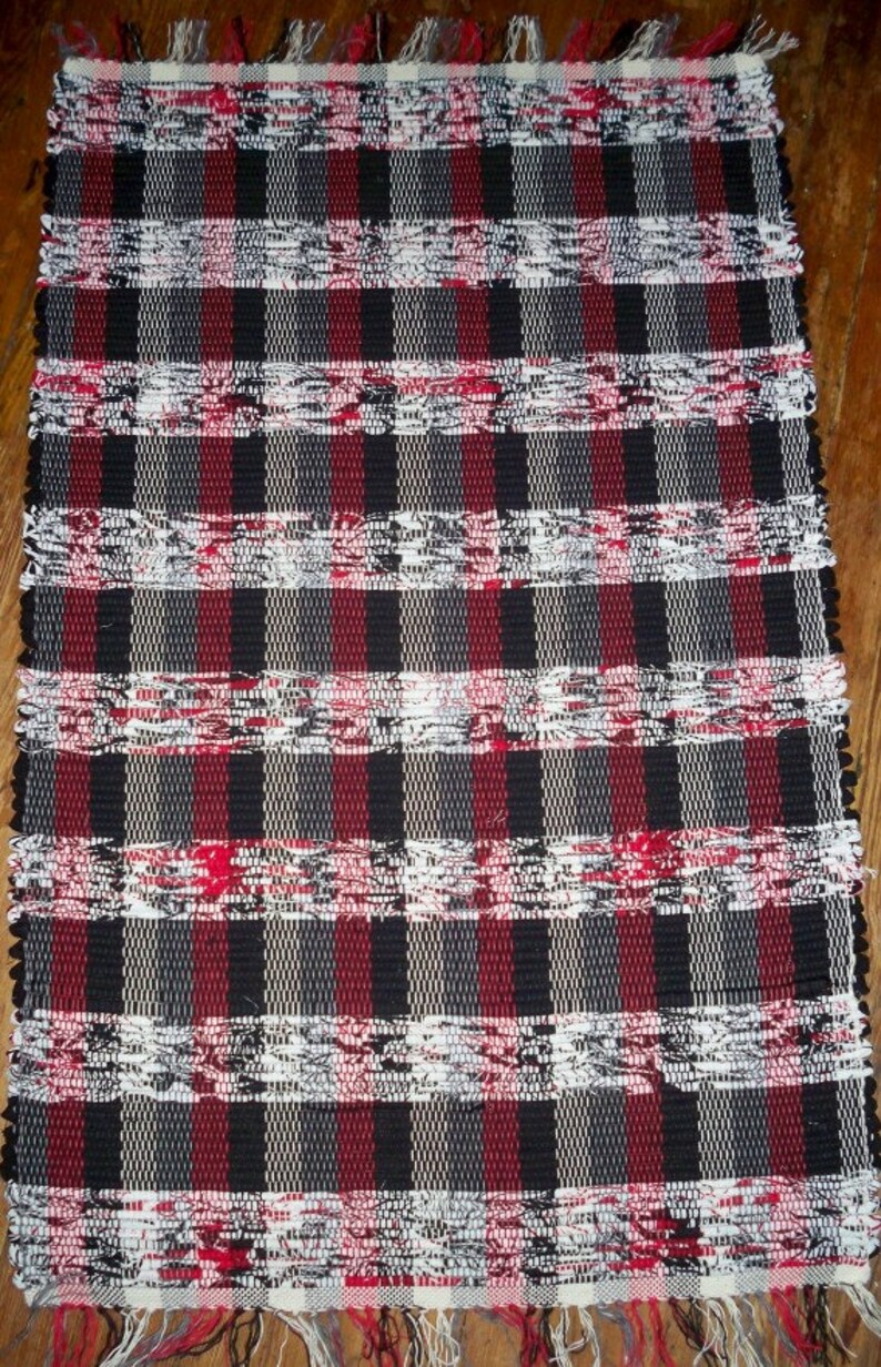 Handwoven Rag Rug Black, Red, Grey, White Inv. ID 04-1012 image 1