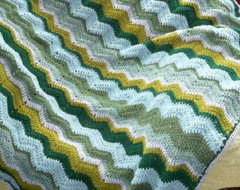 Crocheted Afghan - Chevron pattern, greens - Inv. ID #a01-0302
