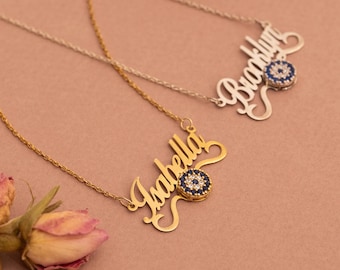 Evil Eye Name Necklace, Initial Name Necklace, Custom Jewelry Gift for Her, Evil Eye Jewelry, 14K Gold Jewelry for Anniversary Gift