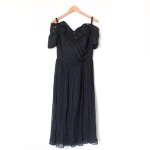 Vintage 80s Black Off Shoulder Sequin Bead Long Pleated Evening Dress | Size 10, Formal, Evening, Special Occasion / Lace Trim, Beaded, Rare