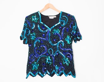 Laurence Kazar | Vintage 80er Seide Kurzarm Blau Pailletten Perlen Top | Grösse M, Trophäen Bluse, Glamour, Cocktail / Party, Festival, Festlich