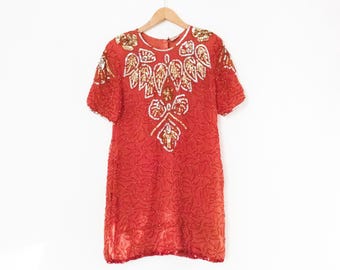 Star and Style | Vintage 80’s/90’s Red Short Sequin & Bead Trophy Dress | Size M, Cocktail, Party, Celebration / Shiny, Shimmer, Retro