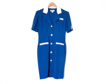 Zarr Collection | Vintage 80’s/90’s Blue & White Short Sleeve Dress | Size 8, Nautical, Classic, 2 Tone / Classy, Modest, Retro, Colorblock