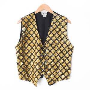Effeci | Vintage 90’s Gold Checker Pattern Sequin Party Cocktail Vest | Size L, Festival, Shimmer, Sparkle / Party, Beaded, Festive, Shiny