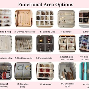 May include: A selection of jewellery storage solutions, including compartments for earrings and rings, necklace grids, pendant slots, and watch grids. The image also shows storage for belts, ties, bracelets, bangles, glasses, and watches.