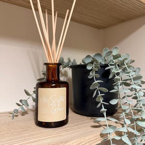 May include: A brown glass bottle with a label that reads "Sister Glow" and a white illustration of a candle. The bottle is filled with a clear liquid and has a set of wooden diffuser sticks in it. The bottle is sitting on a wooden shelf with a potted plant in the background.