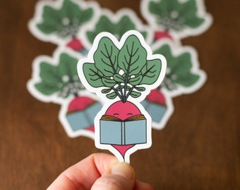 Reading Radish Sticker, Vinyl Sticker for Book Lovers, Reading Gift, Gardening Gift, Vegetable Sticker, Waterbottle Waterproof Sticker