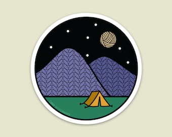 Camping Knitting Sticker - Mountains Vinyl Knitting Sticker, Water Proof Sticker, Circle Sticker, Tent Sticker, Camping Sticker (STK-011)