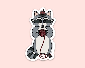 Raccoon Sticker, Vinyl Animal Sticker, Winter Sticker, Yarn Sticker, Knitting and Crochet Sticker (STK-075)