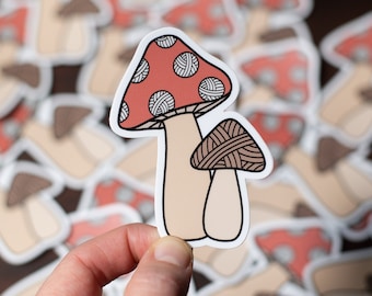 Mushroom Knitting Sticker, Fall Woodland Sticker, Vinyl Autumn Sticker, Knitting Laptop Water Bottle Sticker, Gifts for Knitters (STK-026)