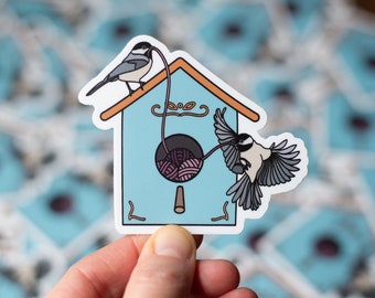 Bird Knitting Sticker, Yarn Vinyl Sticker, Crochet Laptop Sticker, Chickadee Birdhouse Craft Sticker, Waterbottle Decal (STK-050)