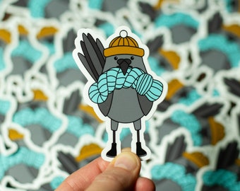 Bird Knitting Sticker, Raven Knitter, Vinyl Crow Bird Knitter Sticker, Yarn Sticker, Blackbird Laptop Sticker, Gifts for Knitters (STK-030)