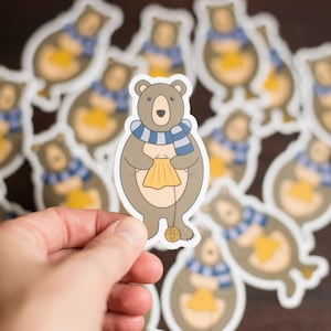 Bear Knitter Vinyl Sticker: Woodland Animal Knitting