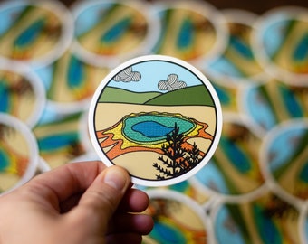 Yellowstone Sticker, Knitting Sticker, Vinyl Sticker, Yellowstone National Park, Grand Prismatic Spring, Weatherproof Sticker (STK-013)