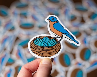 Bird Yarn Sticker, Knitting Vinyl Sticker, Crochet Laptop Sticker, Bluebird Nest Craft Sticker, Water Bottle Decal (STK-049)