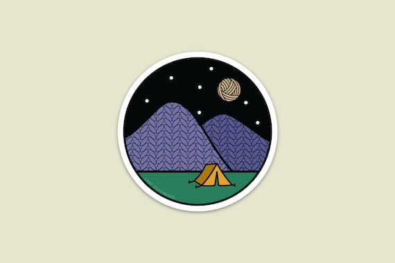 Camping Knitting Sticker - Mountains Vinyl Knitting Sticker, Water Proof Sticker, Circle Sticker, Tent Sticker, Camping Sticker (STK-011)