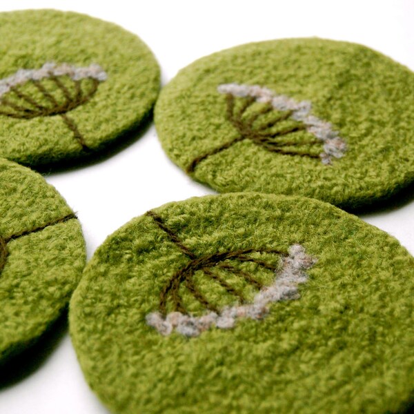 Felted Coasters, Wool, Queen Anne's Lace in Lime Green, Set of 4