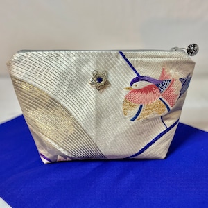 Pouch/Cosmetic Bag/Zippered/Birds & Stripes Vintage Japanese/ObiCollectible Buttons