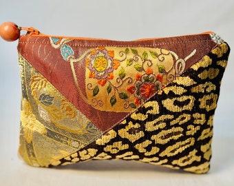 Pouch/Cosmetic Bag/Zippered/Lined Bag Upcycled Obis, Home Decor Samples,Leopard Print, Vintage Celluloid Bead