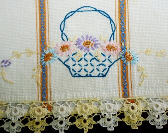 Vintage Embroidered Tea Towel Flower Basket Stripe Kitchen Towel Blue Pink Lavender