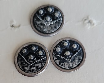 Vintage Art Deco Cut Steel Buttons Picture Buttons Original Sales Card 1900s Set of Three