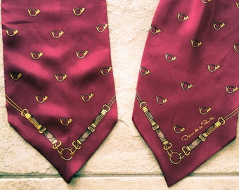 Vintage Silk Scarf Flared Tips Maroon Horse Horn Belts Oscar de la Renta Neck Tie Scarf