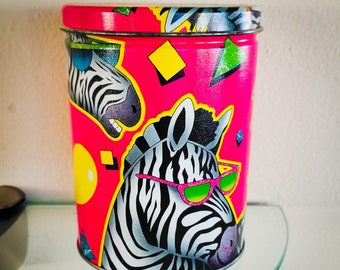 Zebra Tin With Sunglasses Metal Canister Hot Pink Whimsical Party Tin Lisa Frank Look Vintage