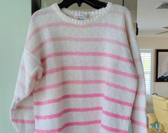 Women’s Sweater Ramie Cotton Pink White Stripe Large Vintage Pink Barbie Sweater