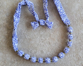 Vintage Necklace Fabric Covered Beads Blue White Print Brass Spiral Spacers