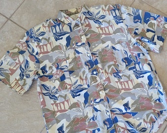 Womens Shirt Cherokee Print Cotton Button Down Short Sleeve Brown Blue Gray Print Medium Stone Washed  1980s Vintage