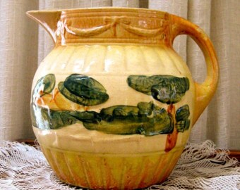 Vintage Roseville Pottery Pitcher Landscape Art Pottery Yellow Ware Green 1900s