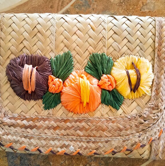 Vintage Retro  Straw Clutch Bag Floral Purse Wove… - image 2