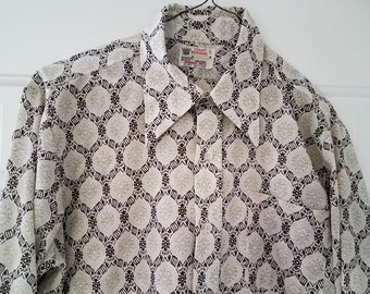 Mens Shirt Mod Vintage Vibe Abstract Print Long Sleeve Count Bernard Style Wise Cream Brown Beige Large Fathers Da Gift