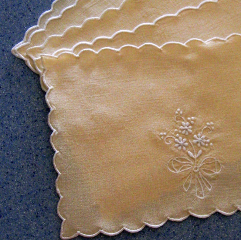 Vintage Doily Embroidered Floral White on Pale Yellow Small Oblong Set of Five 1950s image 3