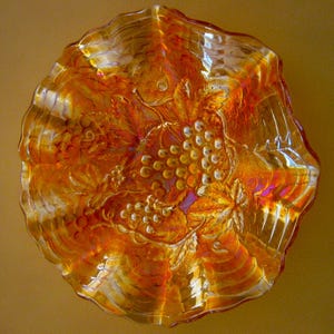 Vintage Carnival Glass Bowl Imperial Grape Marigold Ruffled Rim