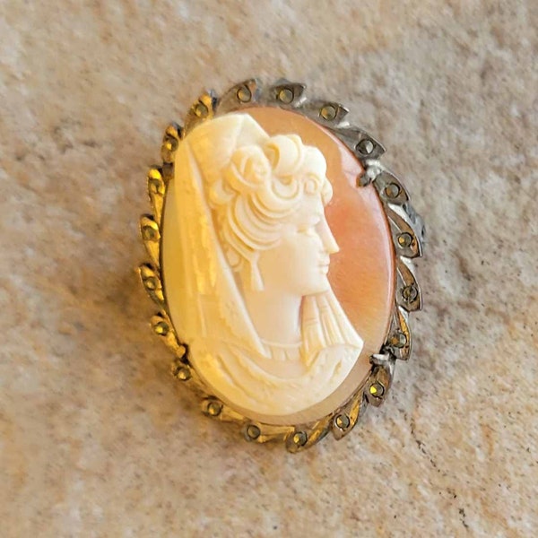 Cameo Woman Mantilla Marcasite 800 Silver Surround Authentic Hand Carved Greco Roman Style Brooch Pendant 1920s Vintage