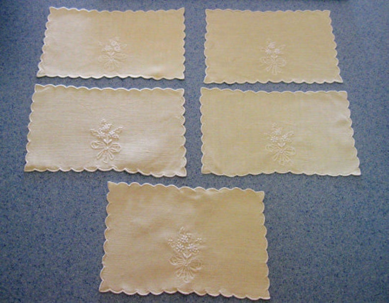 Vintage Doily Embroidered Floral White on Pale Yellow Small Oblong Set of Five 1950s image 2