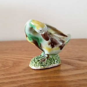Vintage Chinese Mud Bird Green Yellow Mudbird Figurine Miniature Duck Goose Terrarium Figure 1900s