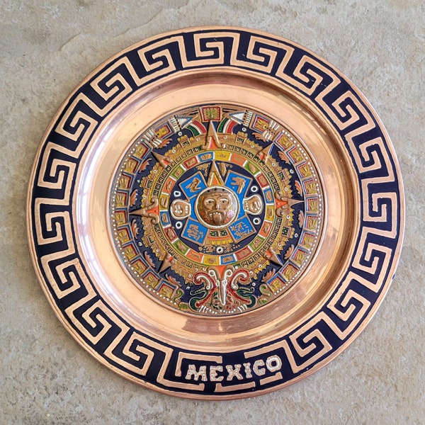 Copper Aztec Calendar Mayan Wall Art Plate Mexican Hammered Enamel Ethnic Sun God Zodiac Mexico Vintage