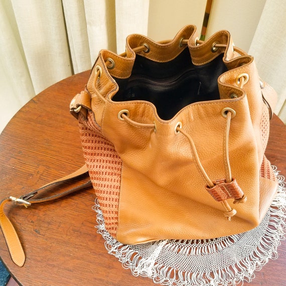Vintage Leather Hobo Bucket Bag Drawstring Brown … - image 7